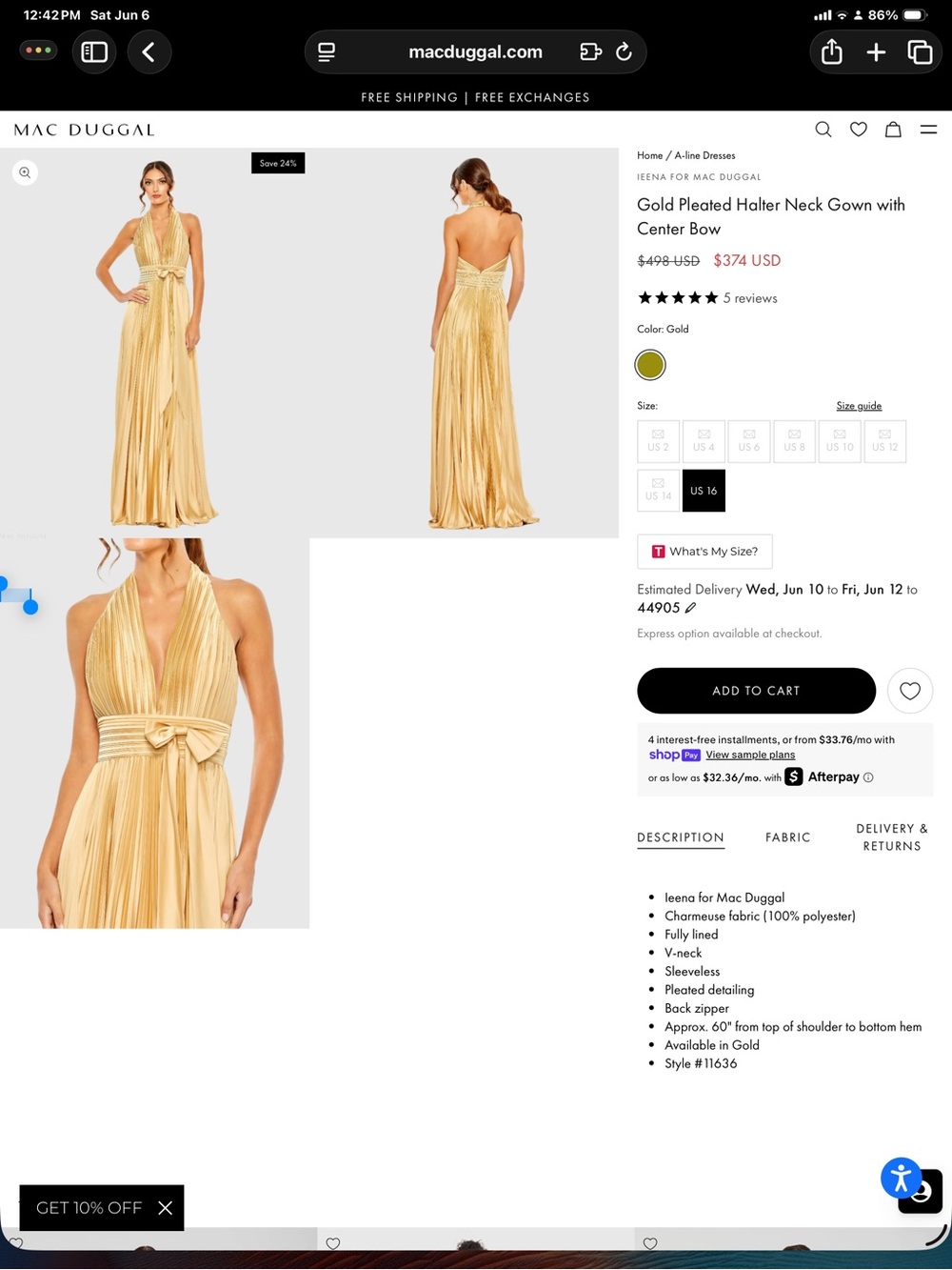 Mac Duggal Metallic Gold Pleated Halter Gown with Bow - Picture 1 of 2